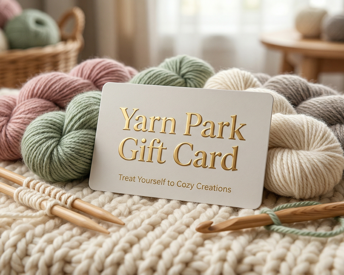 Yarn Park gift card with yarn and knitting needles on a textured surface